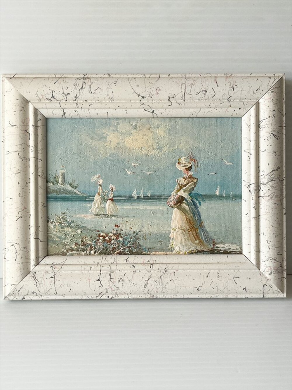 Vintage Original Impressionist Oil Painting Impasto Victorian Ladies on Beach